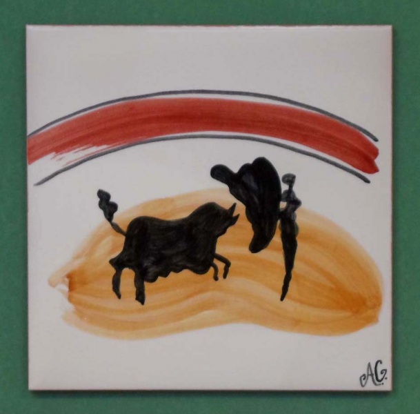 "Bullfighting" by Picasso. These decorative tiles are hand painted with overglaze art.