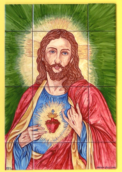 mural azulejo ceramica pintado mano corazon jesus cristo