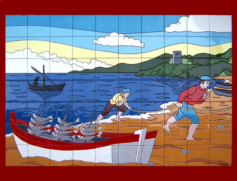 Mural cerámico azulejo pintado a mano pescador