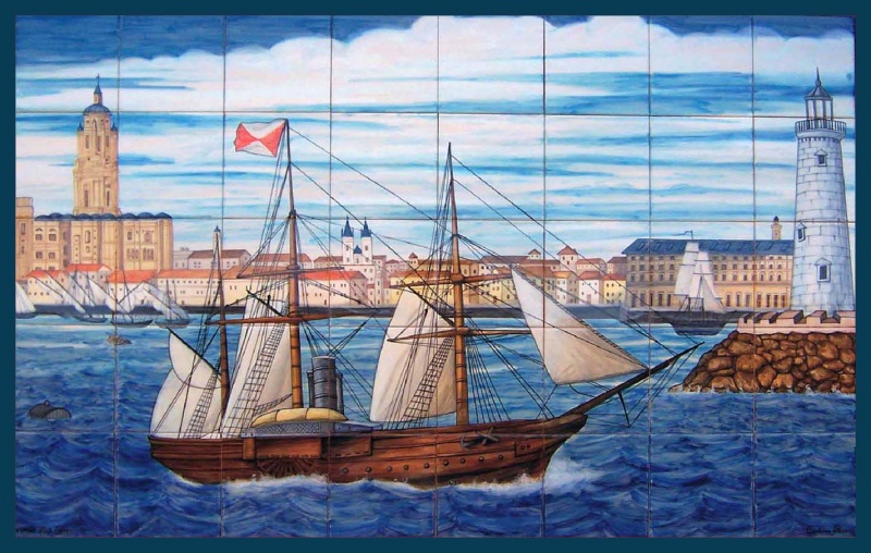 Mural azulejo cerámica pintado mano barco malaga faro