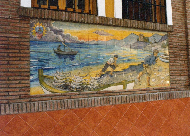 Mural cerámico azulejo pintado a mano sacando copo pescador