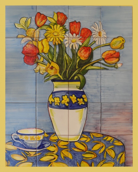 Mural azulejo cerámica jarron flores pintado mano