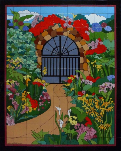mural ceramica jardin con flores azulejo