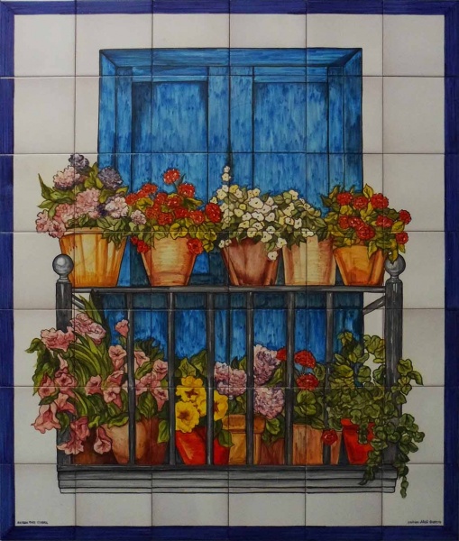 mural ceramica balcon macetas y flores rustico