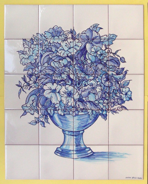 Mural azulejo cerámica rustico flores azul