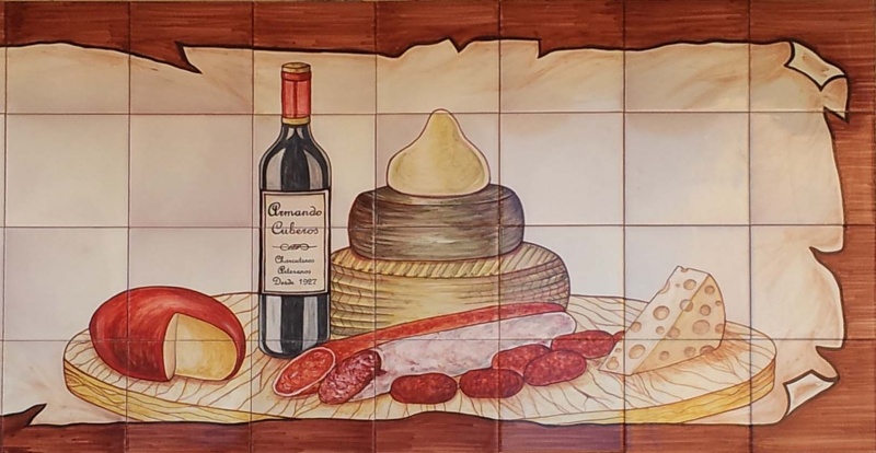 Bodegón cerámico rustico azulejo pintado mano queso vino