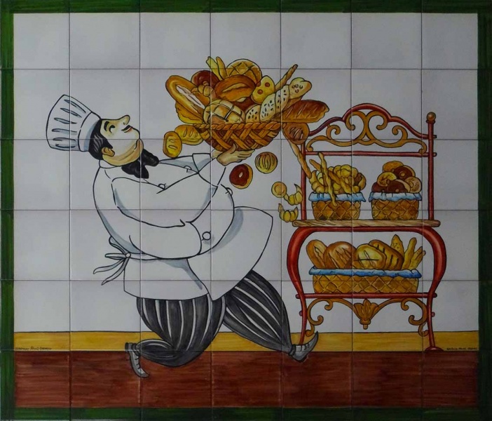 mural de ceramica chef panadero pintado mano