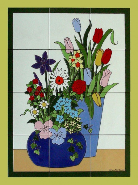 Mural azulejo cerámica macetas flores relieve