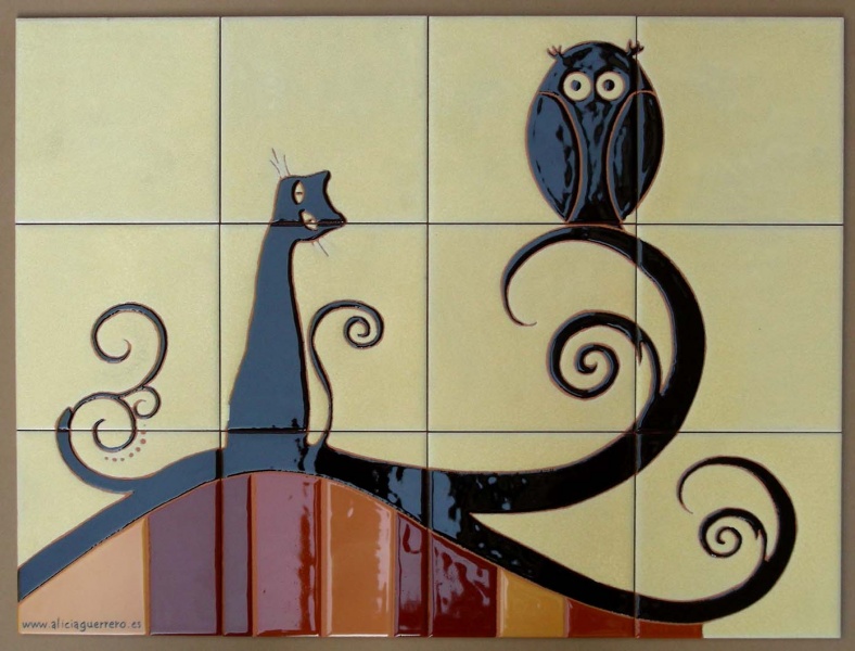 Mural azulejo cerámica buho gato