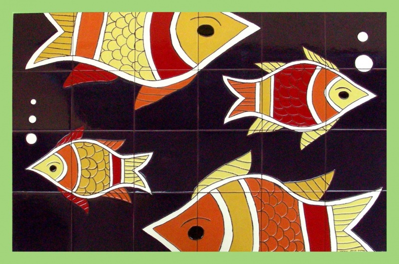 mural azulejo ceramica relieve peces original