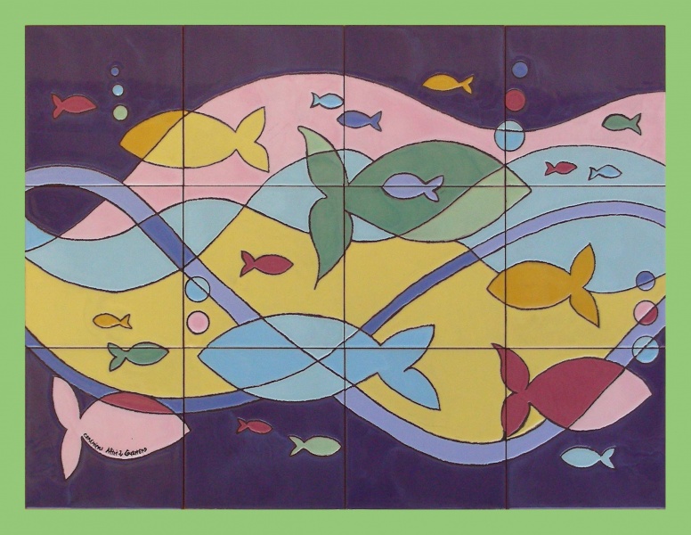 mural azulejo ceramica relieve peces moderno